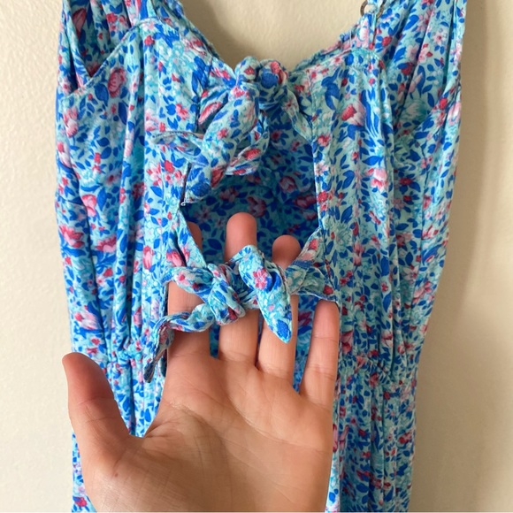 Hollister Blue Pink Floral Maxi Dress Back Tie Cutouts - Picture 6 of 7